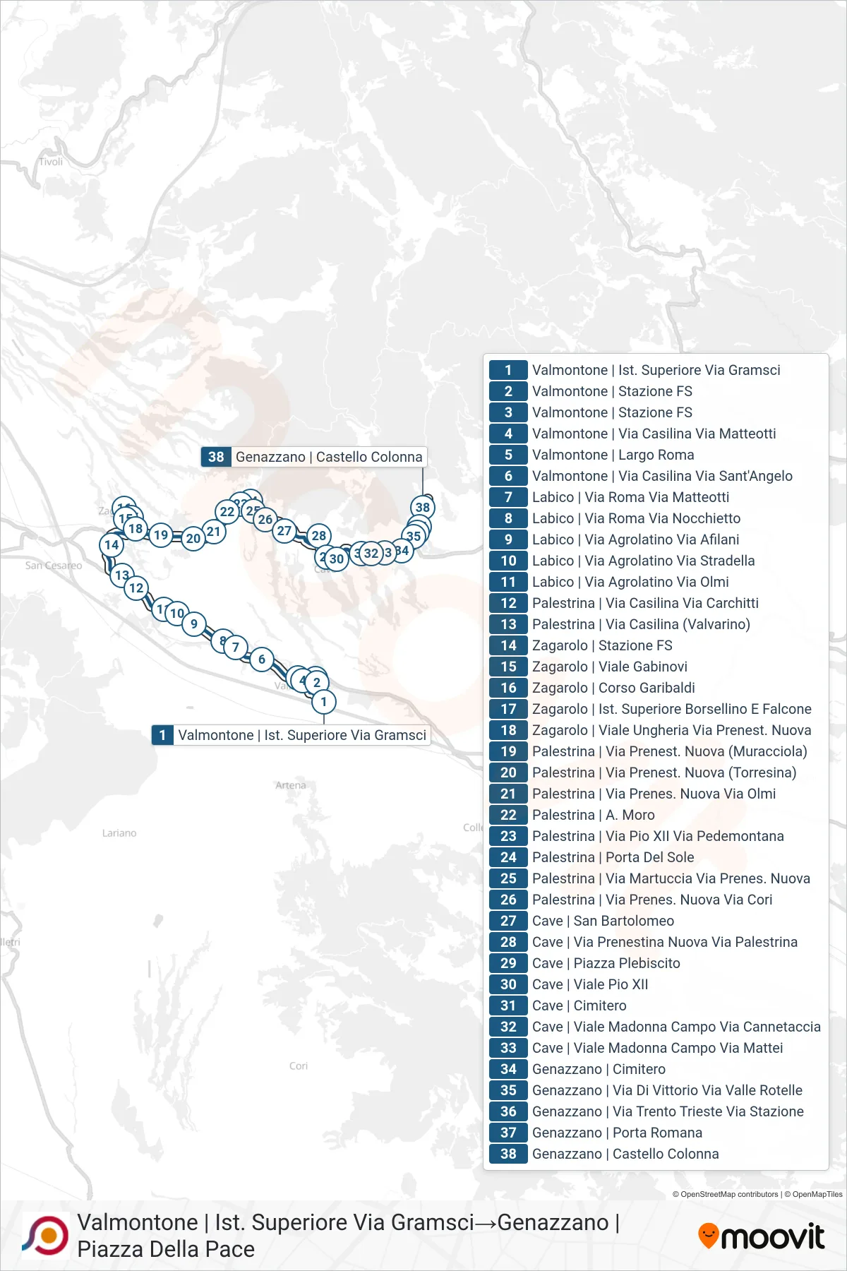 COTRAL bus Line (Valmontone | High School Via Gramsci→Genazzano | Piazza Della Pace) route and stops on a map