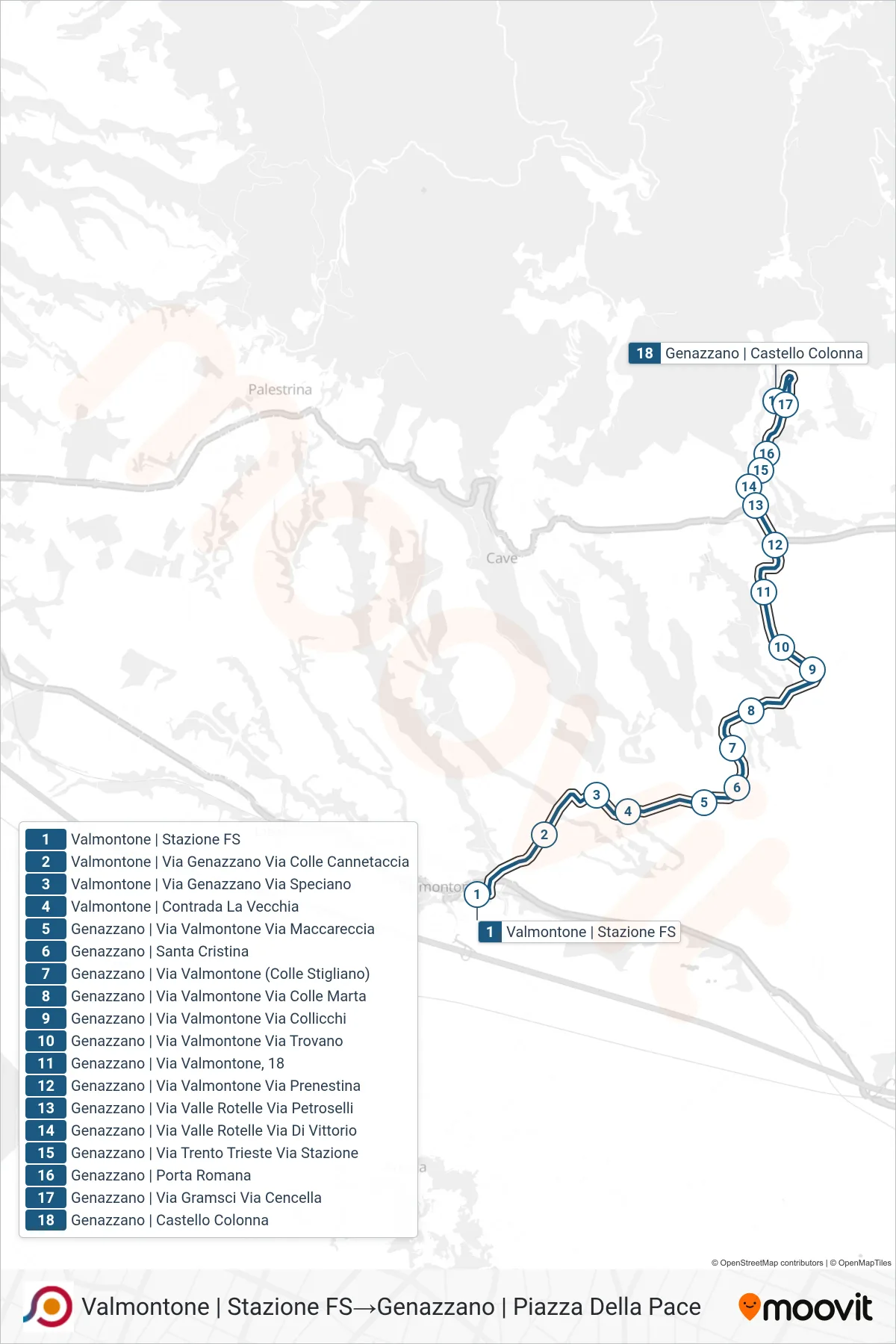 Linea COTRAL bus (Valmontone | Stazione FS→Genazzano | Piazza Della Pace) - Percorsi e fermate sulla mappa