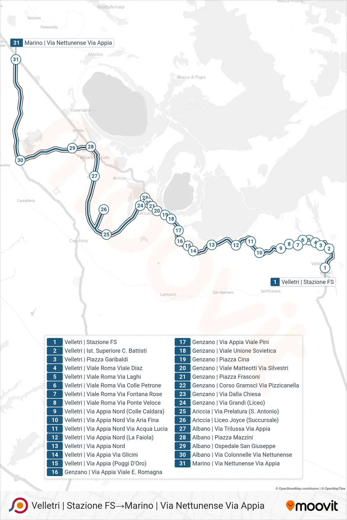 Linea COTRAL bus (Velletri | Stazione FS→Marino | Via Nettunense Via Appia) - Percorsi e fermate sulla mappa