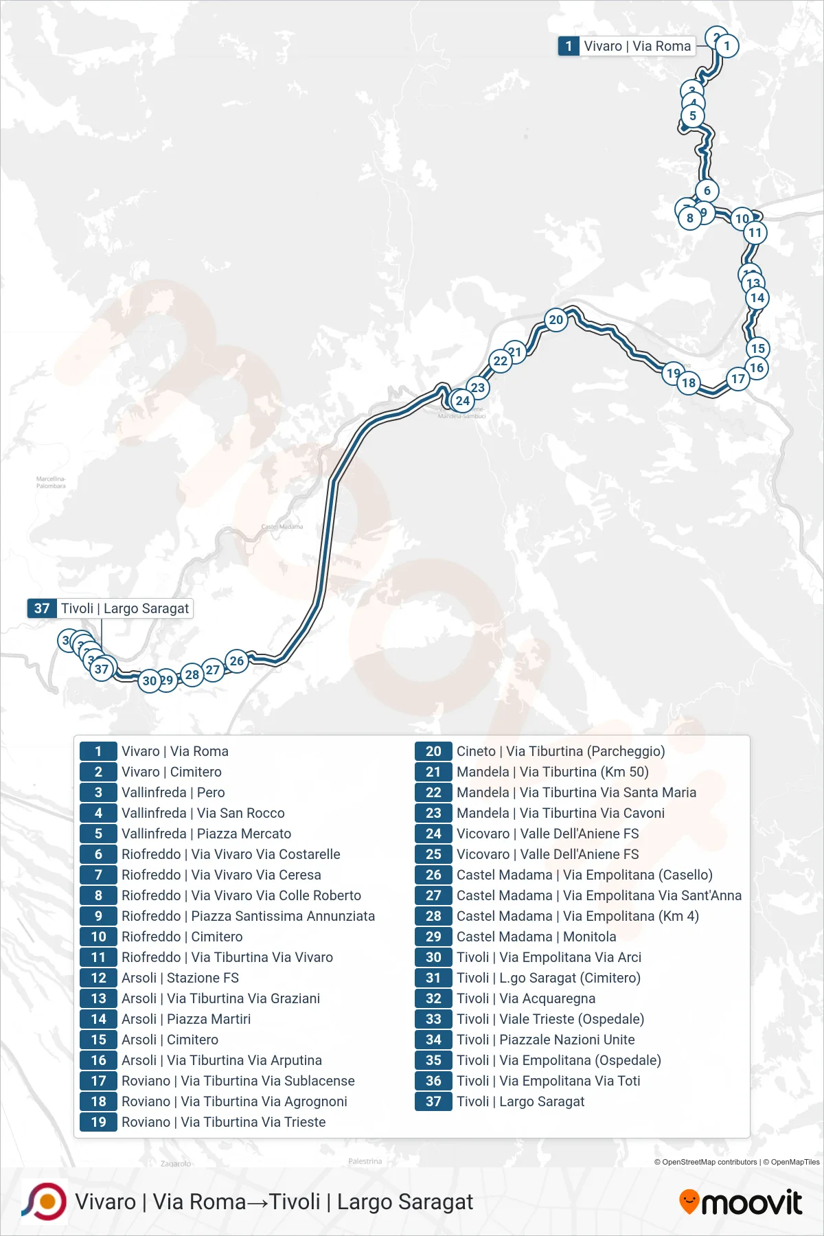 Linea COTRAL bus (Vivaro | Via Roma→Tivoli | Largo Saragat) - Percorsi e fermate sulla mappa
