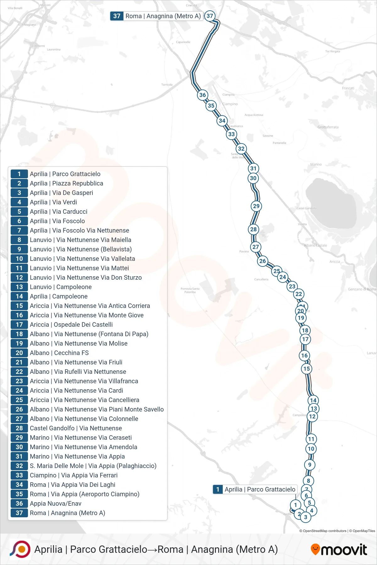 Linea COTRAL bus (Aprilia | Parco Grattacielo→Roma | Anagnina (Metro A)) - Percorsi e fermate sulla mappa