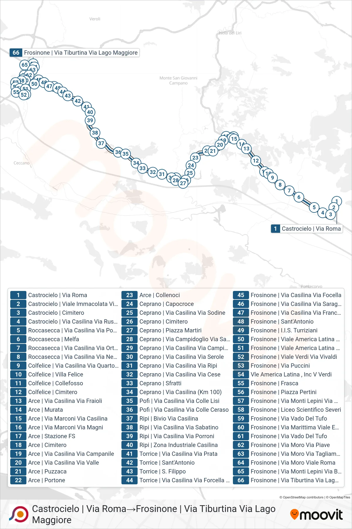 Linea COTRAL bus (Castrocielo | Via Roma→Frosinone | Via Tiburtina Via Lago Maggiore) - Percorsi e fermate sulla mappa