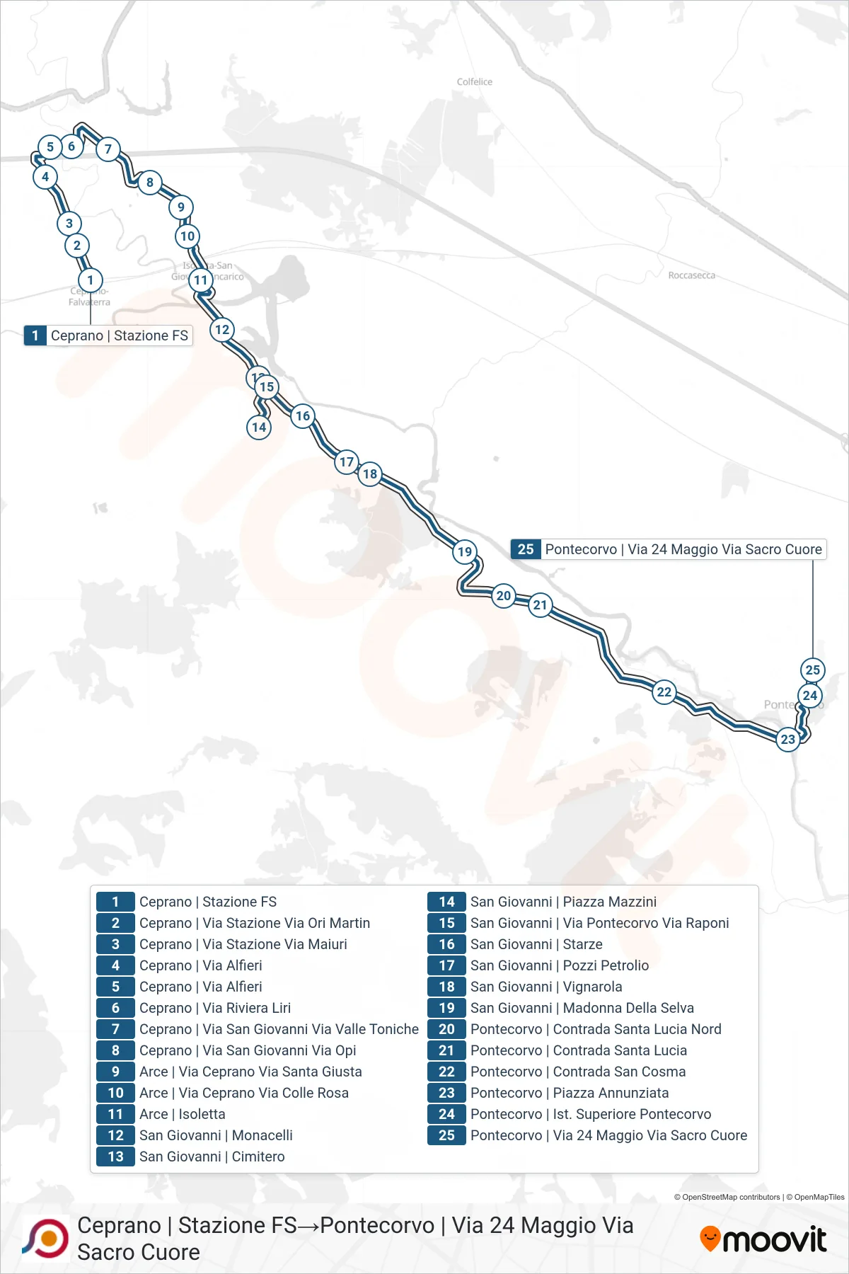 Linea COTRAL bus (Ceprano | Stazione FS→Pontecorvo | Via 24 Maggio Via Sacro Cuore) - Percorsi e fermate sulla mappa