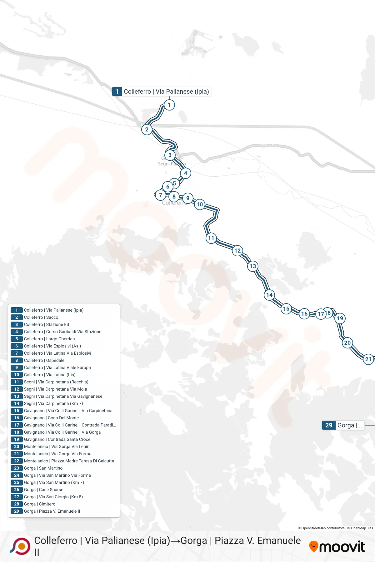 Linea COTRAL bus (Colleferro | Via Palianese (Ipia)→Gorga | Piazza V. Emanuele II) - Percorsi e fermate sulla mappa