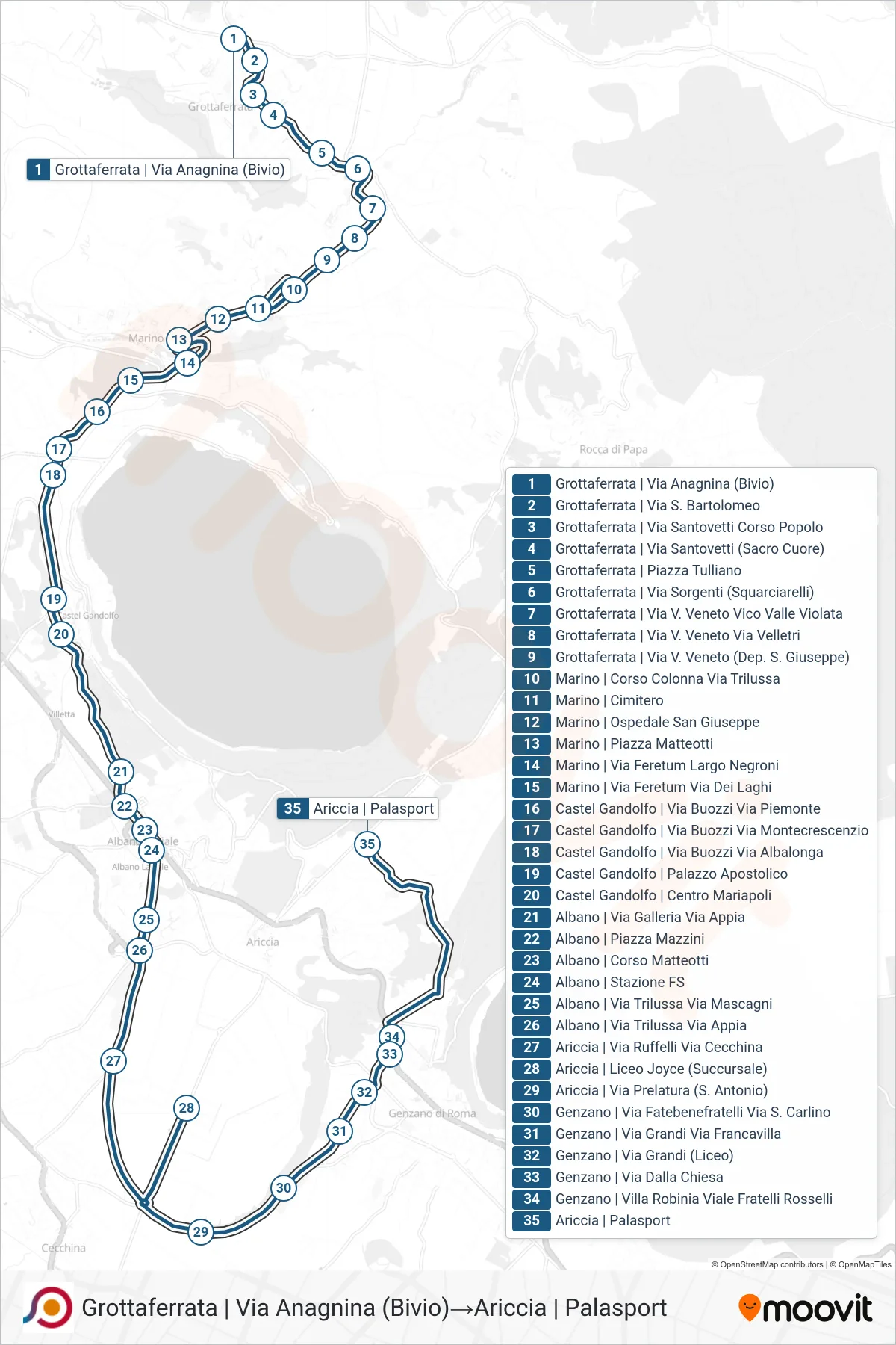 Linea COTRAL bus (Grottaferrata | Via Anagnina (Bivio)→Ariccia | Palasport) - Percorsi e fermate sulla mappa