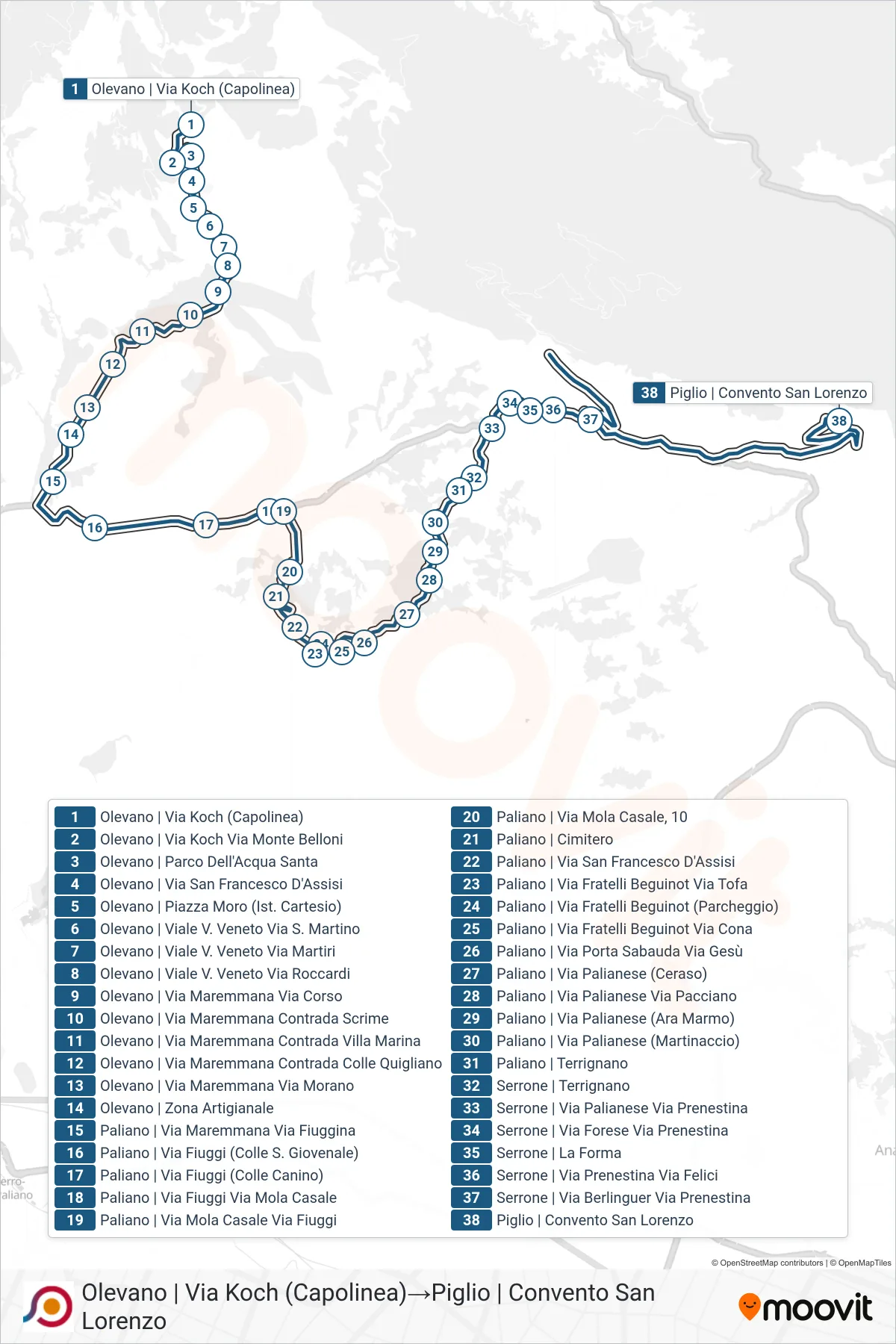 Linea COTRAL bus (Olevano | Via Koch (Capolinea)→Piglio | Convento San Lorenzo) - Percorsi e fermate sulla mappa