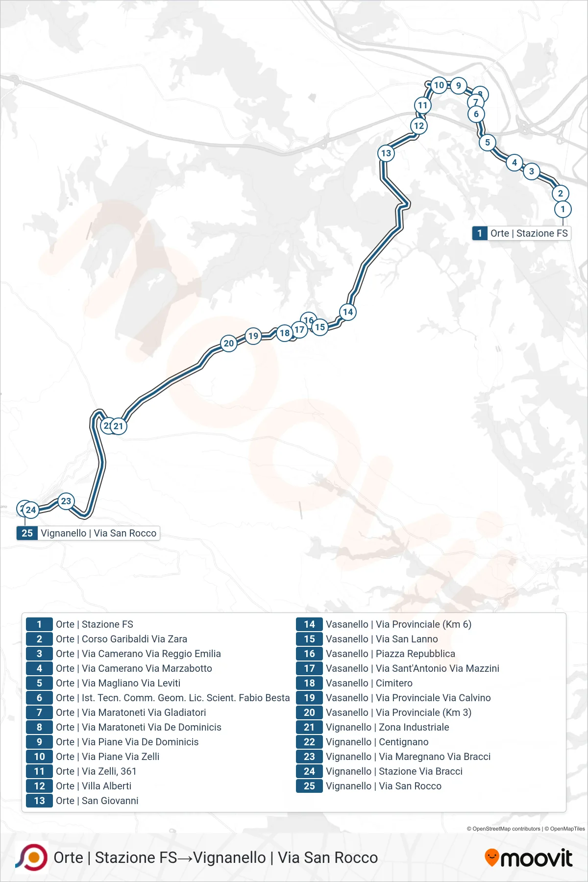 Linea COTRAL bus (Orte | Stazione FS→Vignanello | Via San Rocco) - Percorsi e fermate sulla mappa