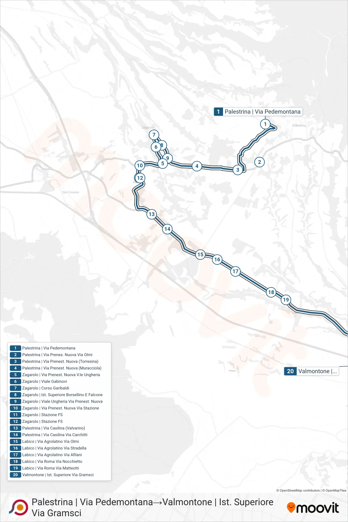 Linea COTRAL bus (Palestrina | Via Pedemontana→Valmontone | Ist. Superiore Via Gramsci) - Percorsi e fermate sulla mappa
