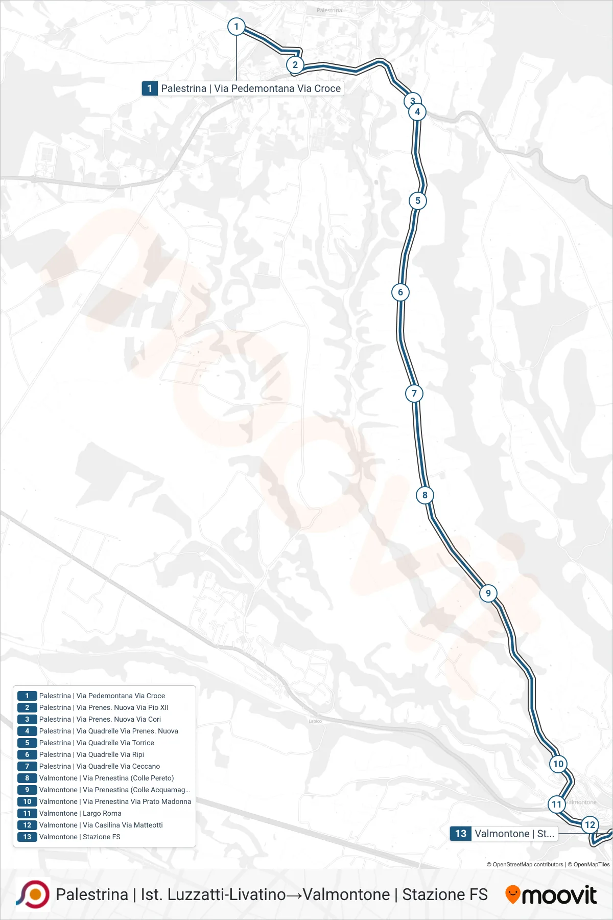 Linea COTRAL bus (Palestrina | Ist. Luzzatti-Livatino→Valmontone | Stazione FS) - Percorsi e fermate sulla mappa
