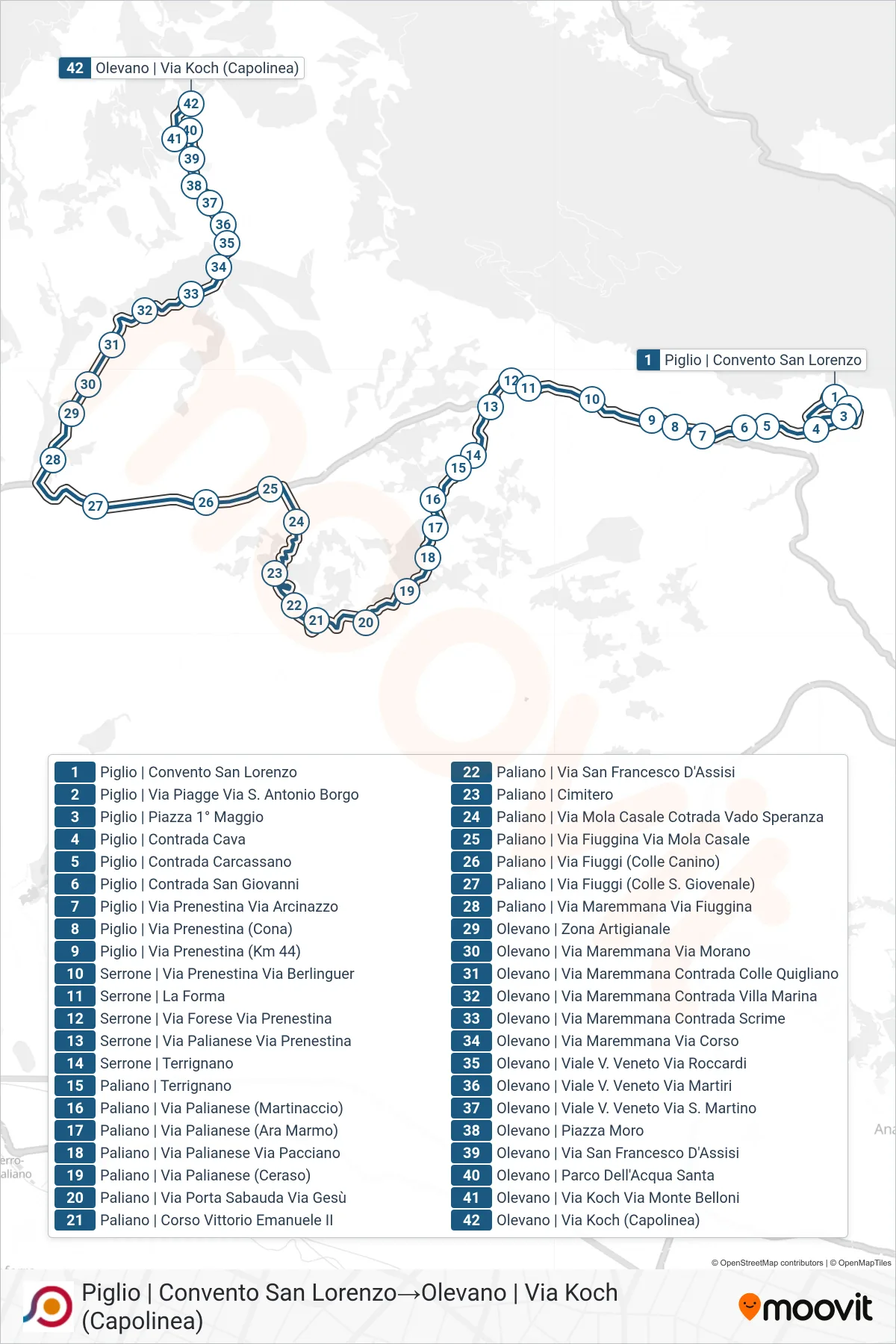 Linea COTRAL  bus (Piglio | Convento San Lorenzo‎→Olevano | Via Koch (Capolinea)) - Percorsi e fermate sulla mappa
