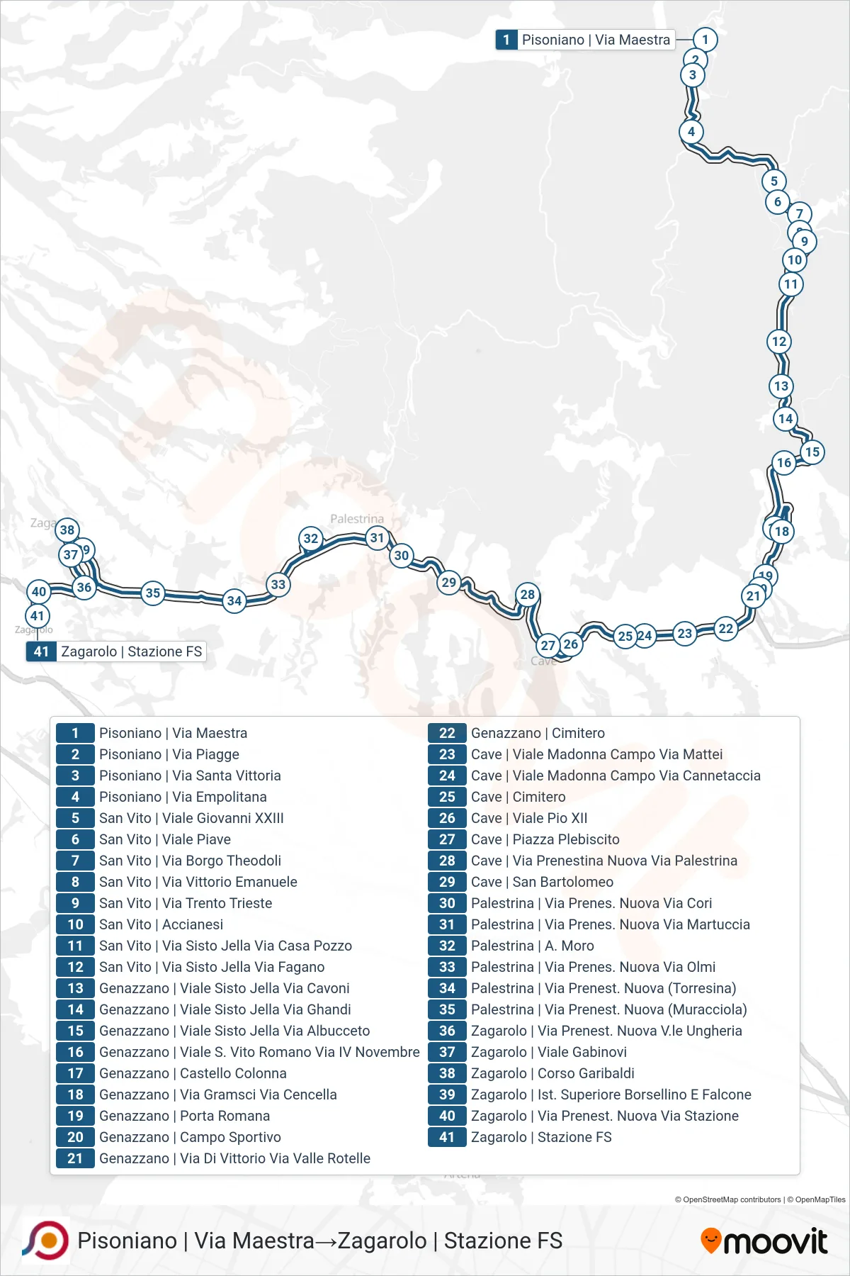 Linea COTRAL bus (Pisoniano | Via Maestra→Zagarolo | Stazione FS) - Percorsi e fermate sulla mappa