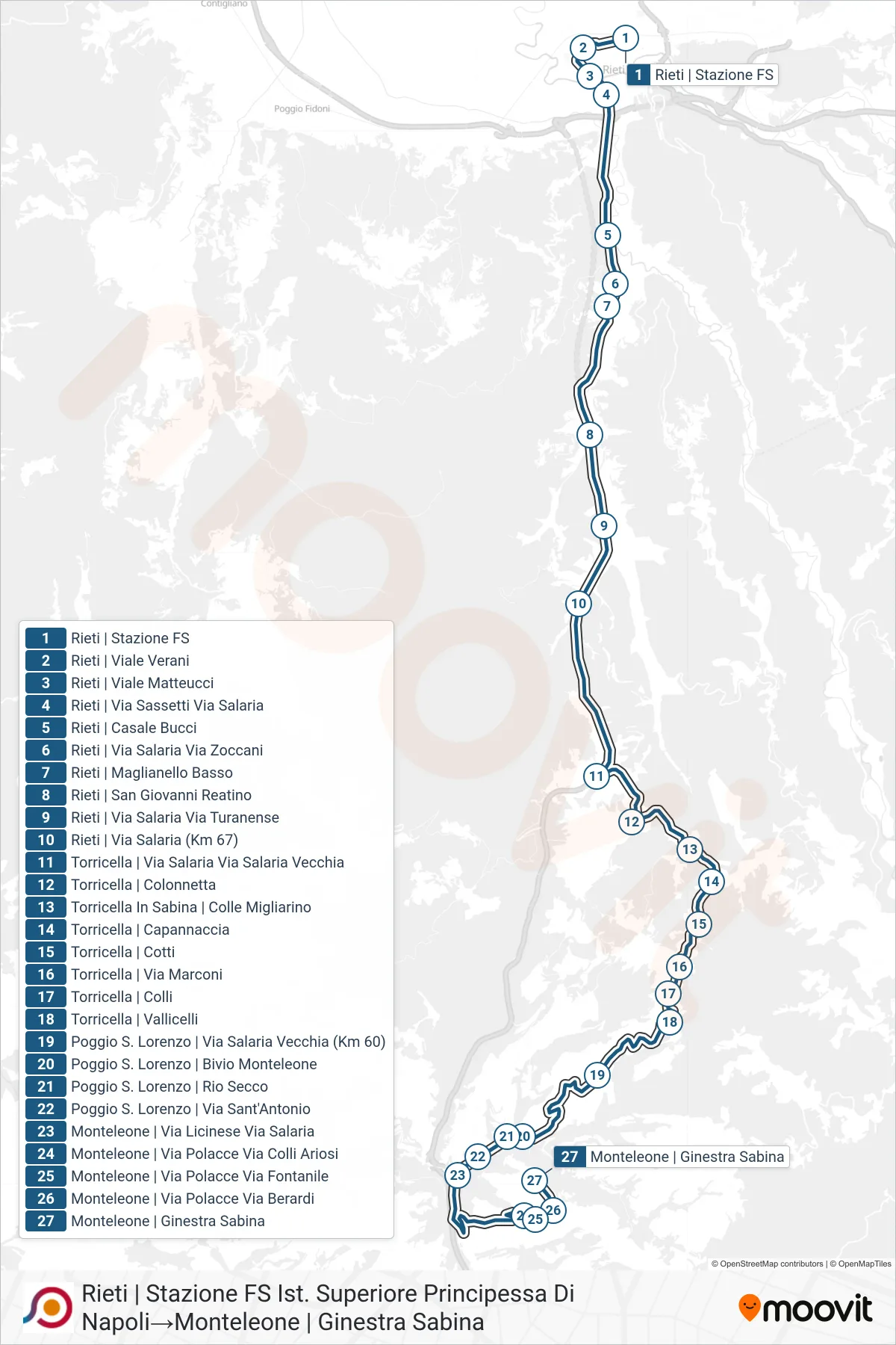Linea COTRAL bus (Rieti | Stazione FS Ist. Superiore Principessa Di Napoli→Monteleone | Ginestra Sabina) - Percorsi e fermate sulla mappa