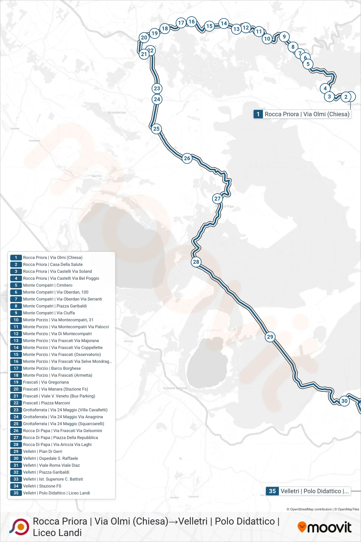 Linea COTRAL bus (Rocca Priora | Via Olmi (Chiesa)→Velletri | Polo Didattico | Liceo Landi) - Percorsi e fermate sulla mappa