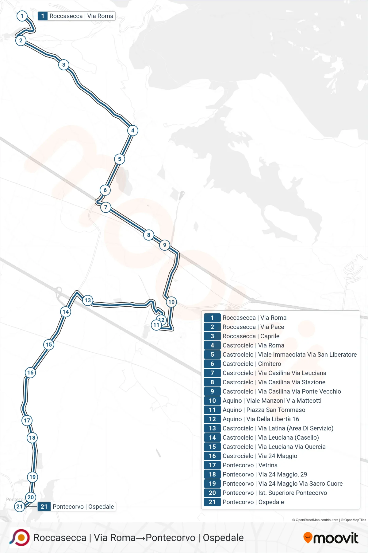 COTRAL bus Line (Roccasecca | Roma Street‎→Pontecorvo | Hospital) route and stops on a map