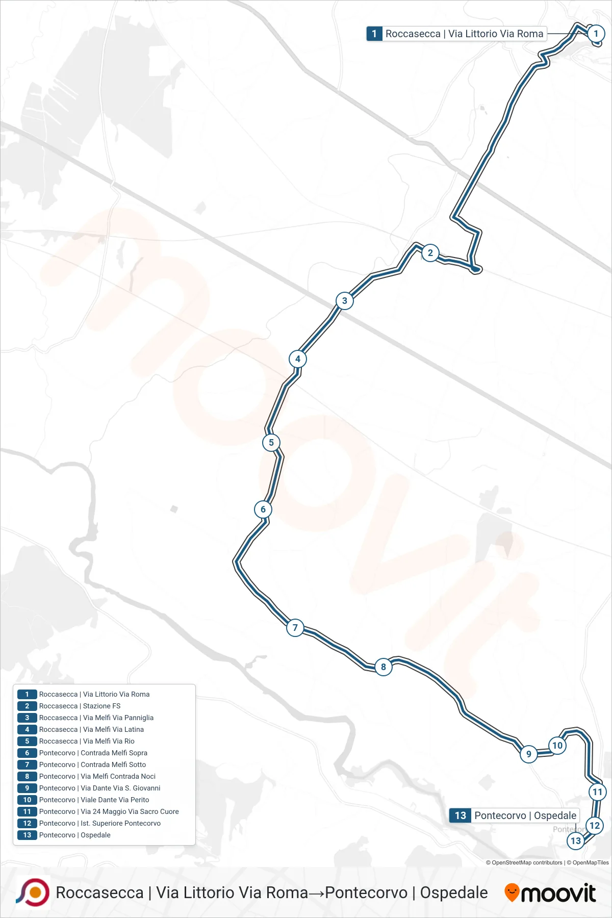 Linea COTRAL bus (Roccasecca | Via Littorio Via Roma→Pontecorvo | Ospedale) - Percorsi e fermate sulla mappa