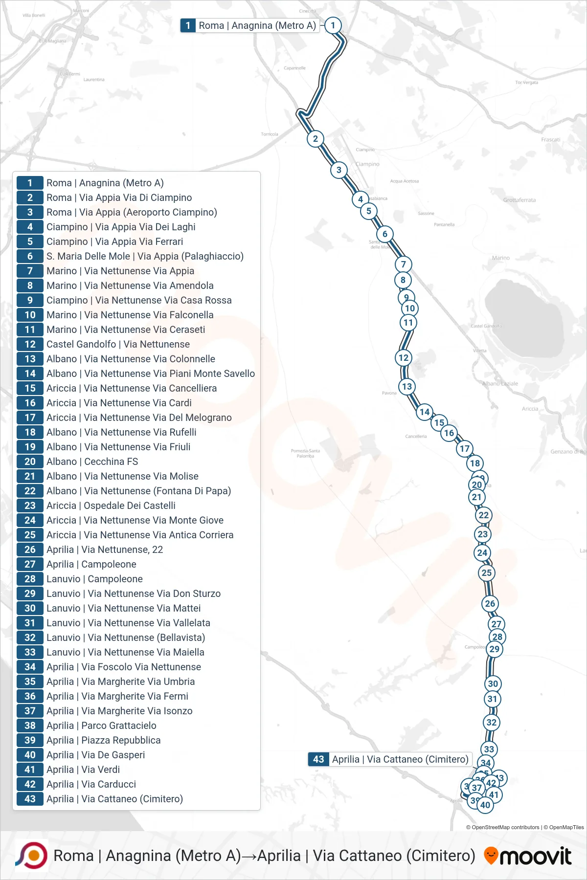 Linea COTRAL bus (Roma | Anagnina (Metro A)→Aprilia | Via Cattaneo (Cimitero)) - Percorsi e fermate sulla mappa