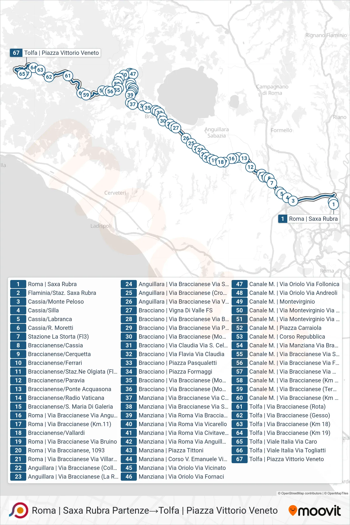 Linea COTRAL bus (Roma | Saxa Rubra Partenze→Tolfa | Piazza Vittorio Veneto) - Percorsi e fermate sulla mappa