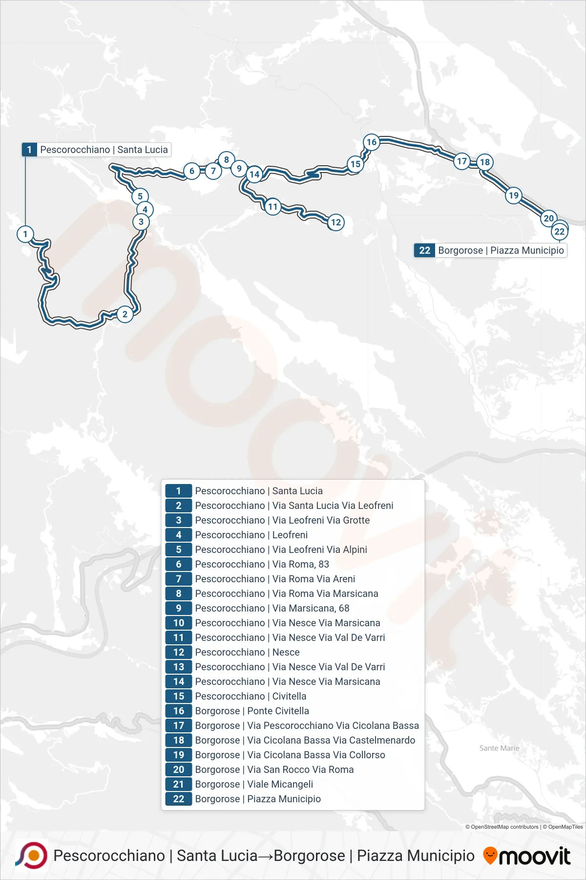 Linea COTRAL bus (Pescorocchiano | Santa Lucia→Borgorose | Piazza Municipio) - Percorsi e fermate sulla mappa