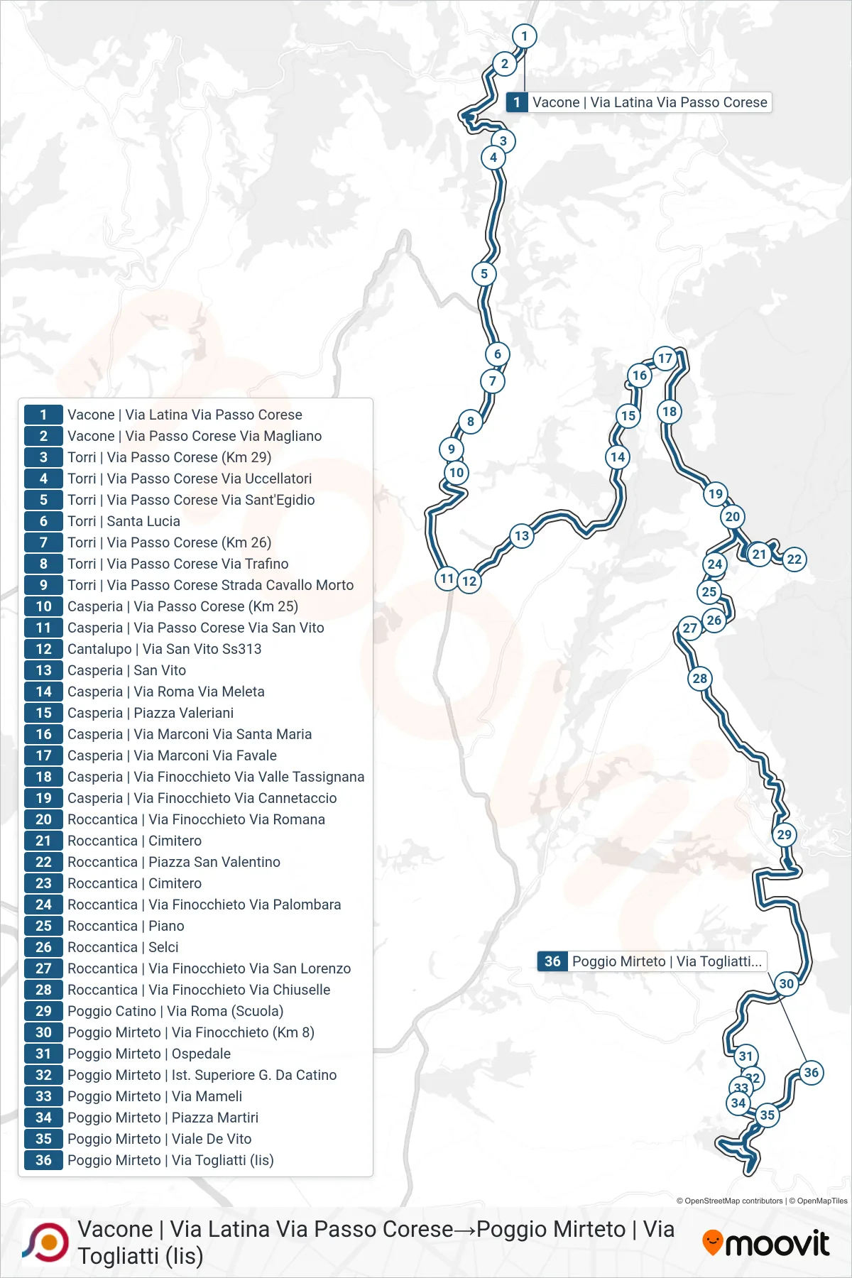 Linea COTRAL bus (Vacone | Via Latina Via Passo Corese→Poggio Mirteto | Via Togliatti (Iis)) - Percorsi e fermate sulla mappa