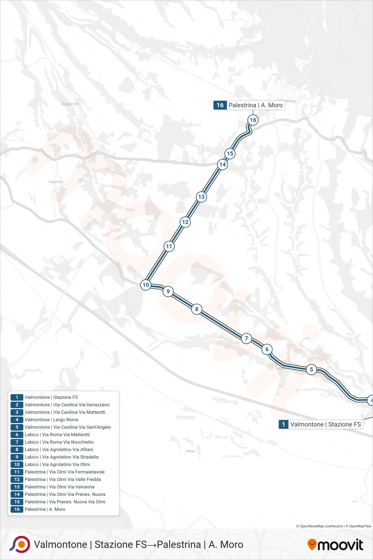 Linea COTRAL bus (Valmontone | Stazione FS→Palestrina | A. Moro) - Percorsi e fermate sulla mappa