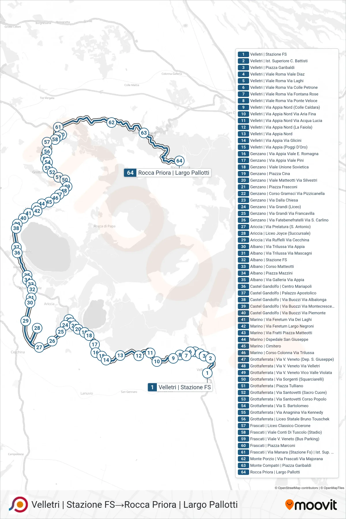 Linea COTRAL bus (Velletri | Stazione FS→Rocca Priora | Largo Pallotti) - Percorsi e fermate sulla mappa