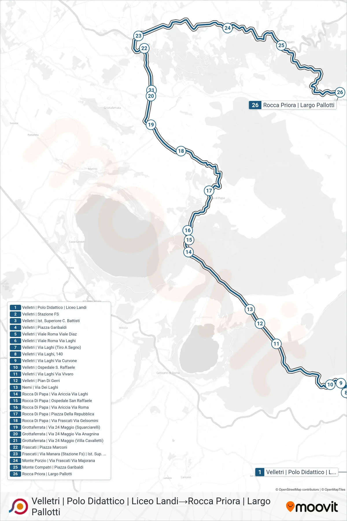 COTRAL bus Line (Velletri | Educational Center | Landi High School→Rocca Priora via Largo Pallotti) route and stops on a map