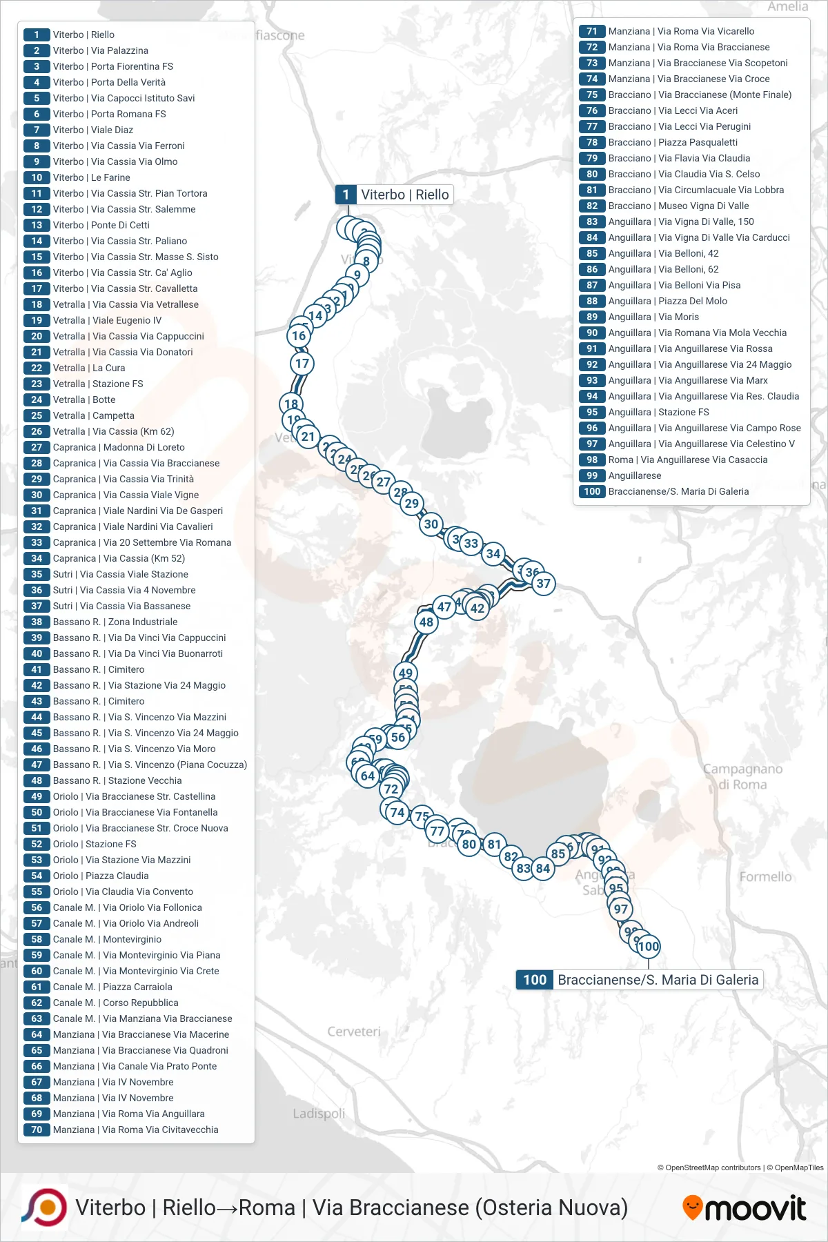 Linea COTRAL bus (Viterbo | Riello→Roma | Via Braccianese (Osteria Nuova)) - Percorsi e fermate sulla mappa