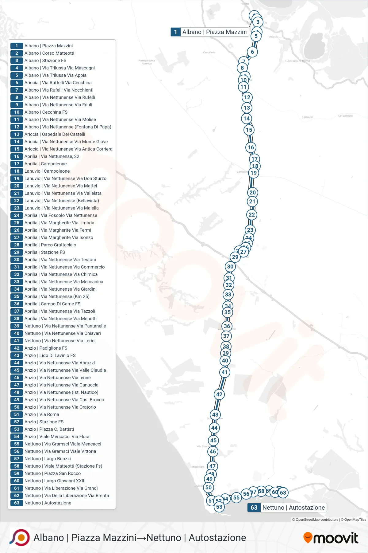 Linea COTRAL  bus (Albano | Piazza Mazzini‎→Nettuno | Autostazione) - Percorsi e fermate sulla mappa