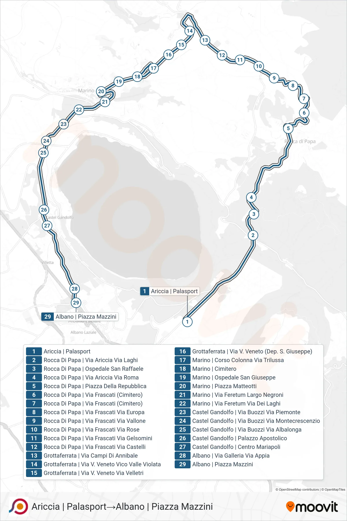 Linea COTRAL bus (Ariccia | Palasport→Albano | Piazza Mazzini) - Percorsi e fermate sulla mappa