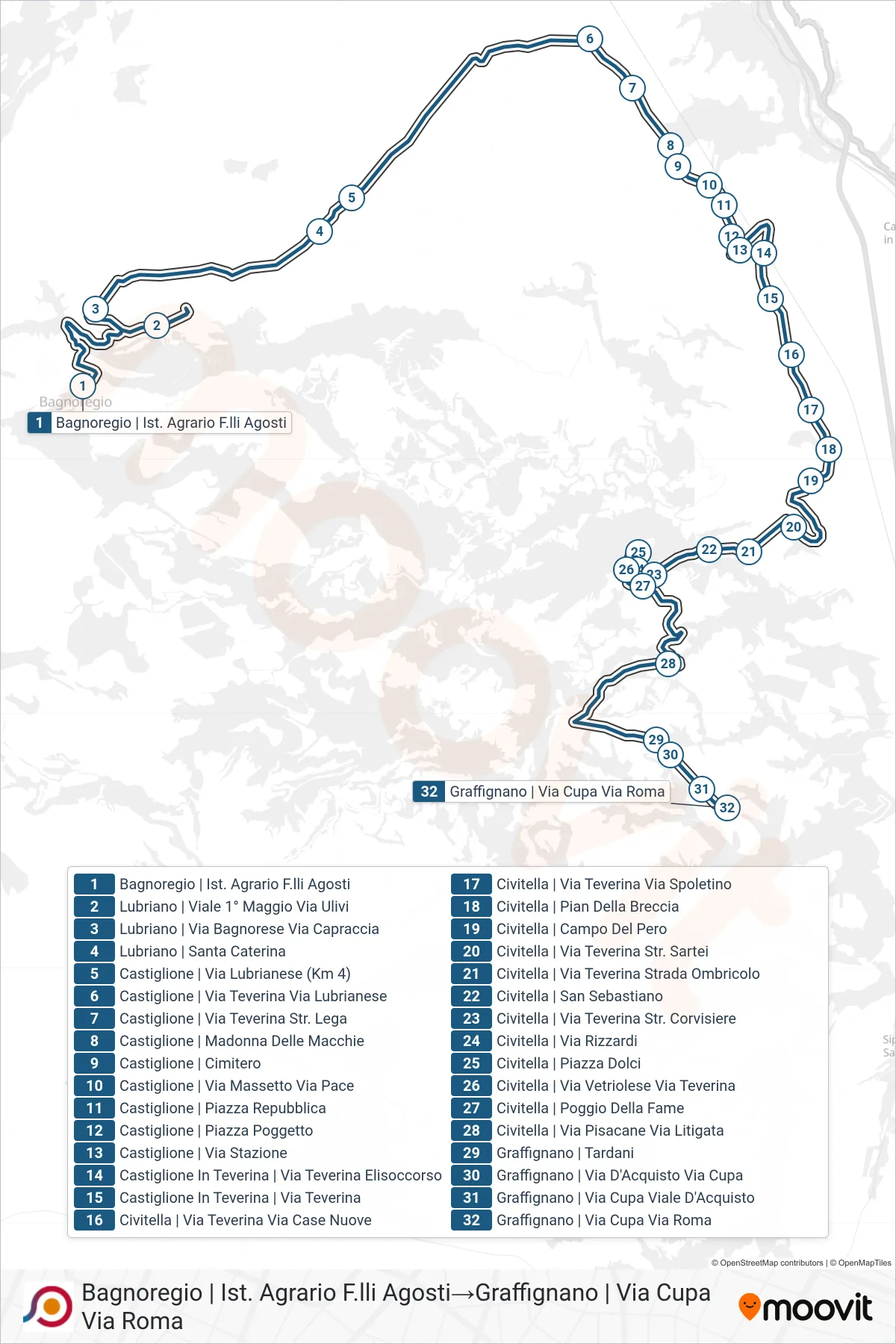 Linea COTRAL bus (Bagnoregio | Ist. Agrario F.lli Agosti→Graffignano | Via Cupa Via Roma) - Percorsi e fermate sulla mappa