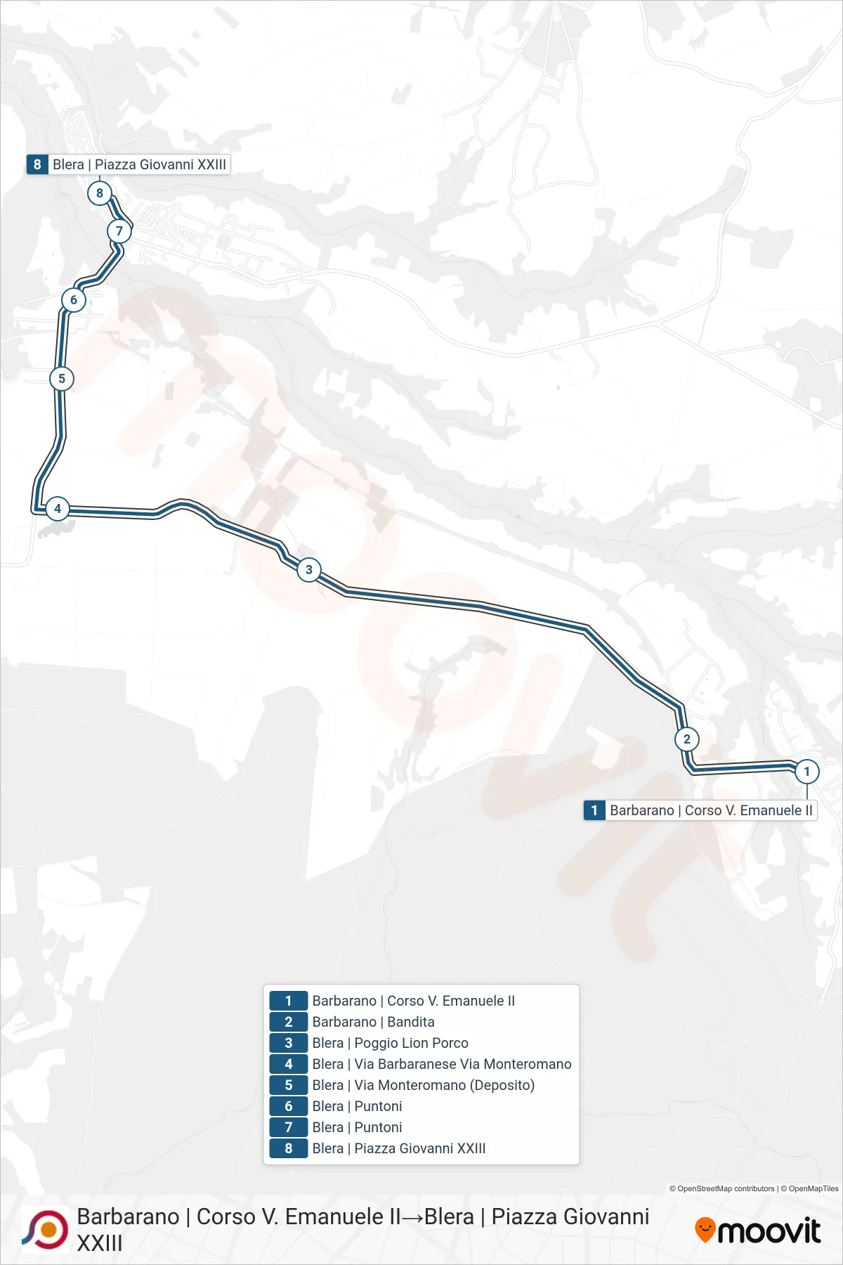 Linea COTRAL bus (Barbarano | Corso V. Emanuele II→Blera | Piazza Giovanni XXIII) - Percorsi e fermate sulla mappa