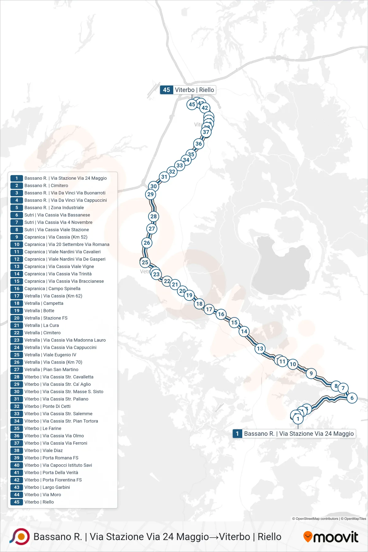 Linea COTRAL bus (Bassano R. | Via Stazione Via 24 Maggio→Viterbo | Riello) - Percorsi e fermate sulla mappa