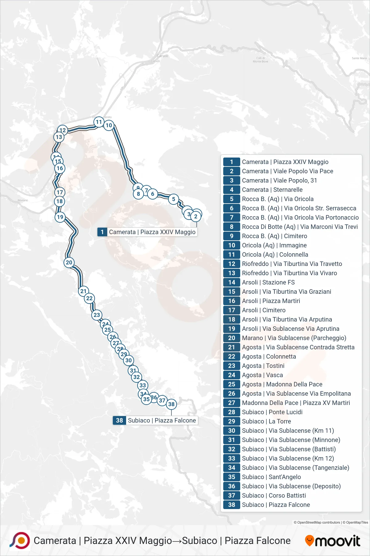 Linea COTRAL bus (Camerata | Piazza XXIV Maggio→Subiaco | Piazza Falcone) - Percorsi e fermate sulla mappa