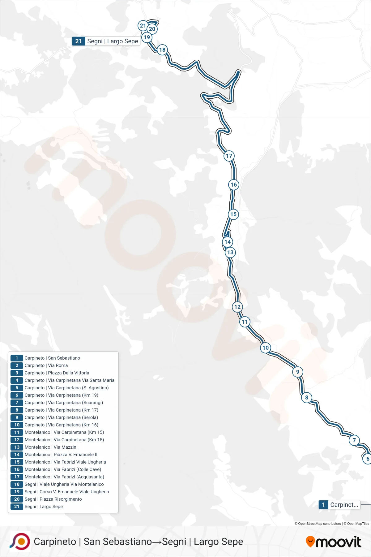 Linea COTRAL bus (Carpineto | San Sebastiano→Segni | Largo Sepe) - Percorsi e fermate sulla mappa