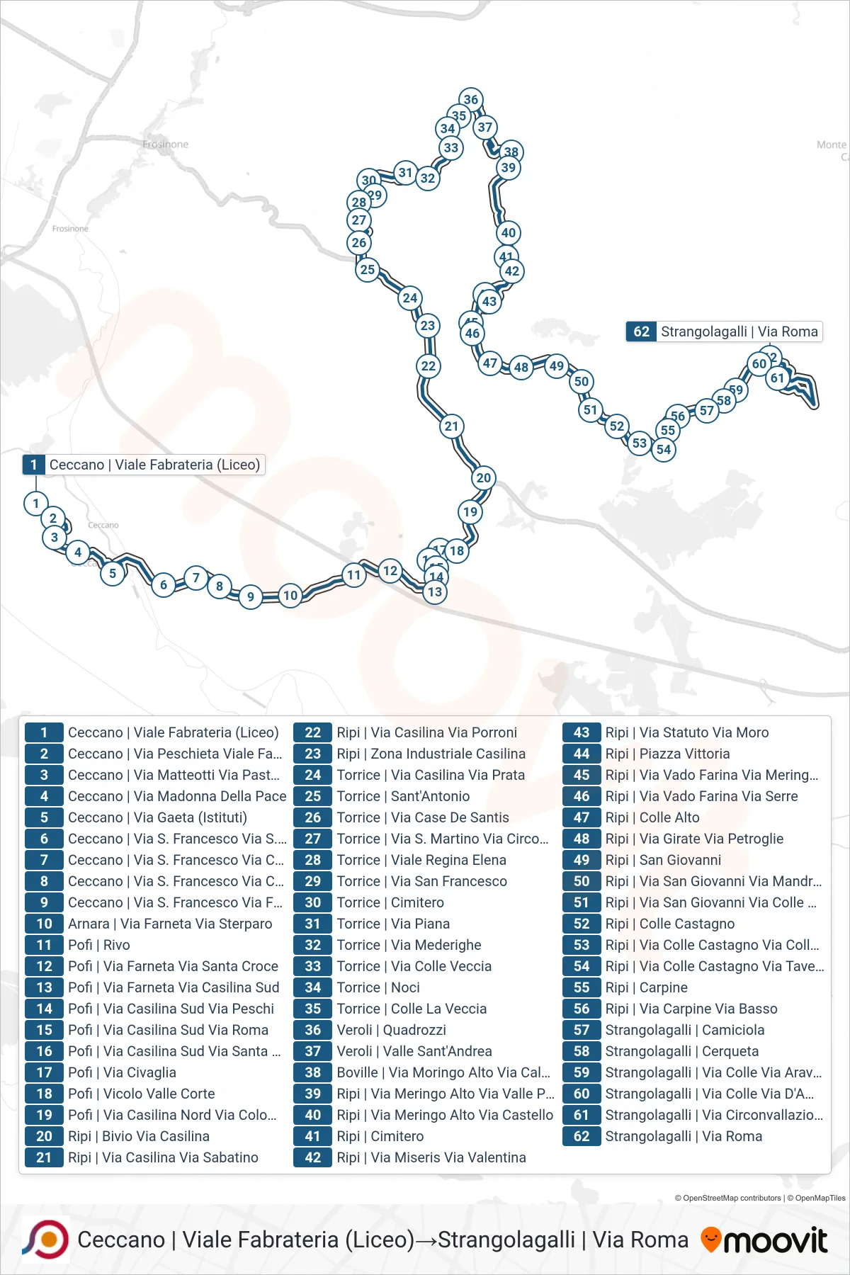 Linea COTRAL bus (Ceccano | Viale Fabrateria (Liceo)→Strangolagalli | Via Roma) - Percorsi e fermate sulla mappa