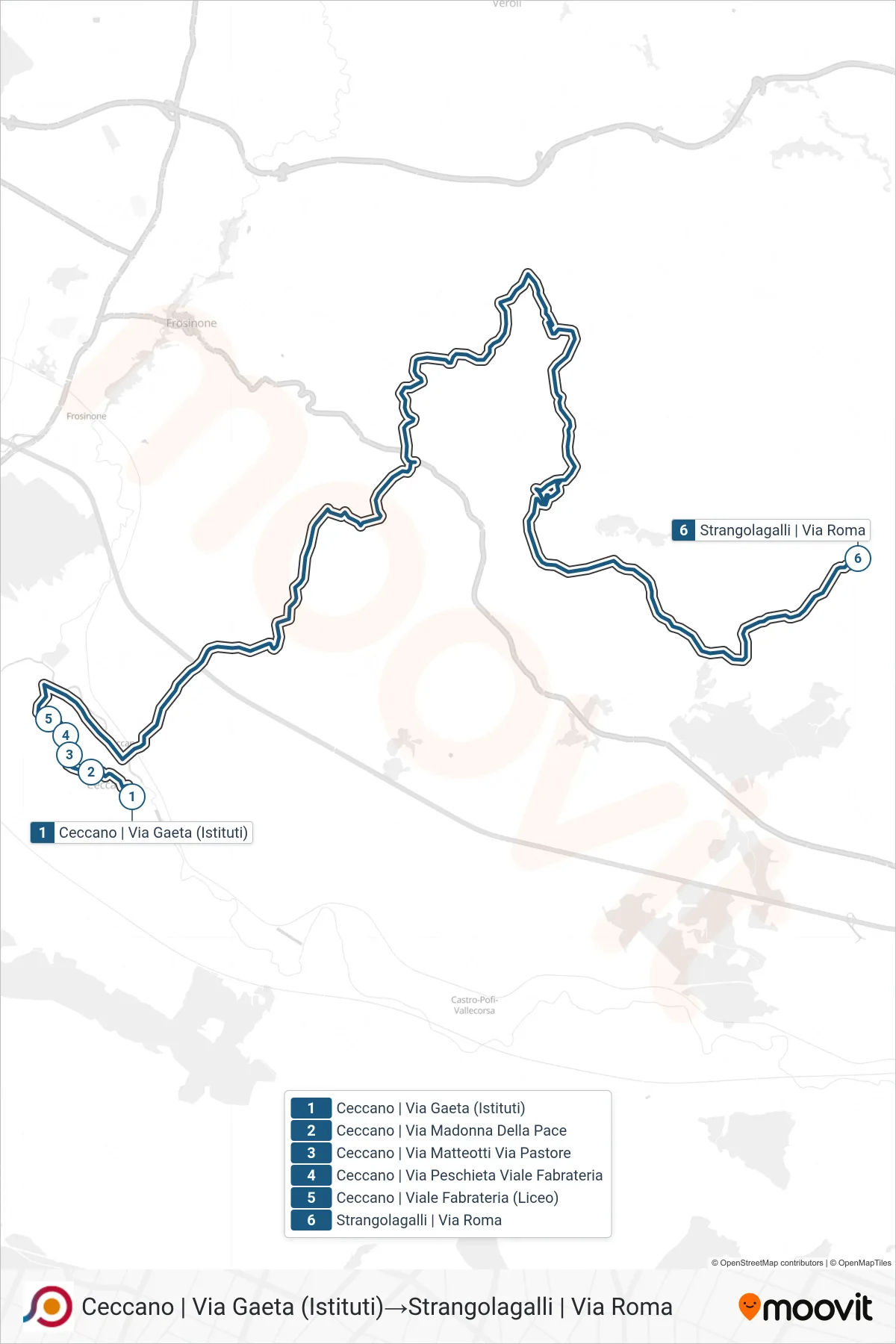 Linea COTRAL bus (Ceccano | Via Gaeta (Istituti)→Strangolagalli | Via Roma) - Percorsi e fermate sulla mappa