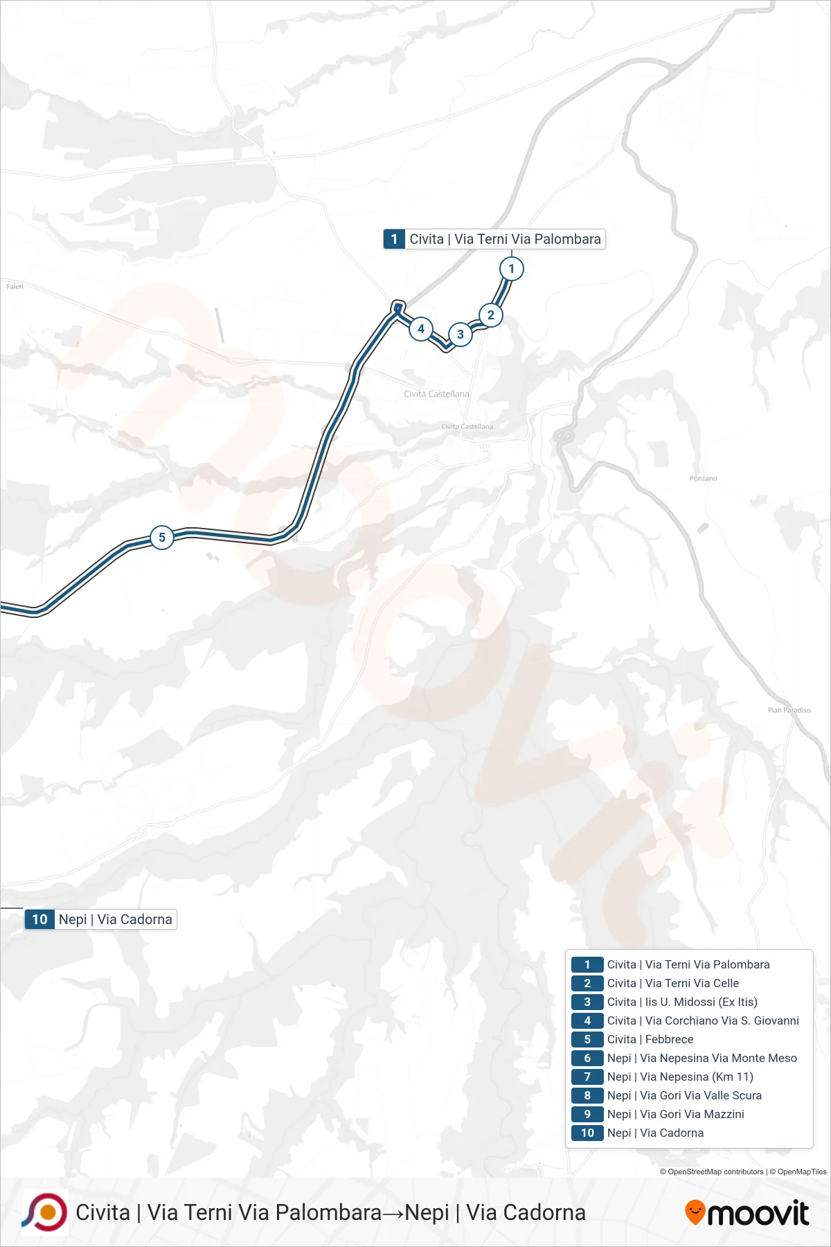 Linea COTRAL bus (Civita | Via Terni Via Palombara→Nepi | Via Cadorna) - Percorsi e fermate sulla mappa