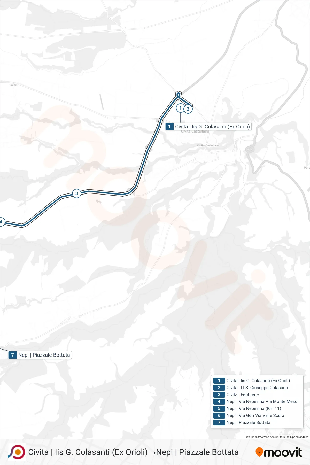 Linea COTRAL bus (Civita | Iis G. Colasanti (Ex Orioli)→Nepi | Piazzale Bottata) - Percorsi e fermate sulla mappa