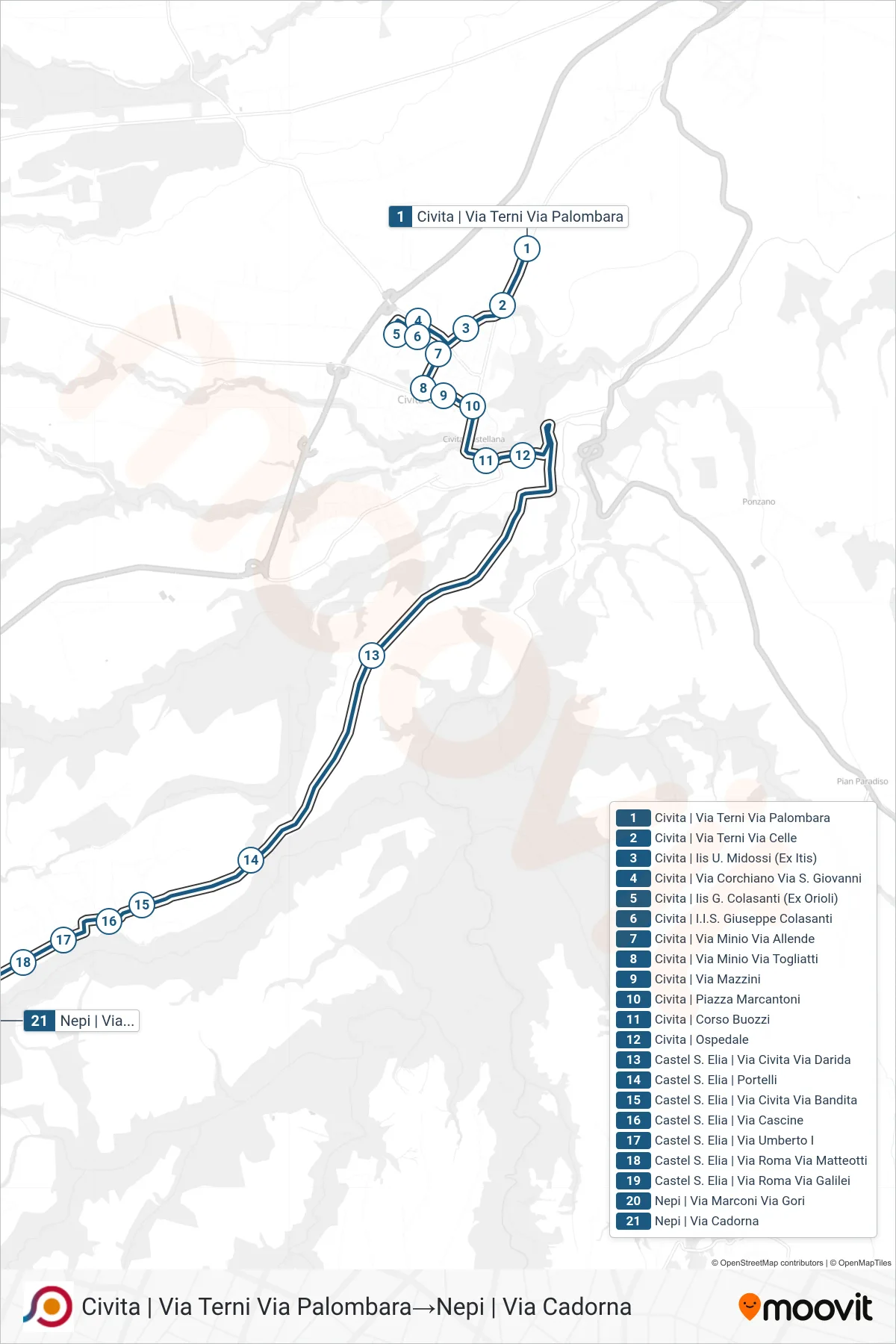 Linea COTRAL bus (Civita | Via Terni Via Palombara→Nepi | Via Cadorna) - Percorsi e fermate sulla mappa