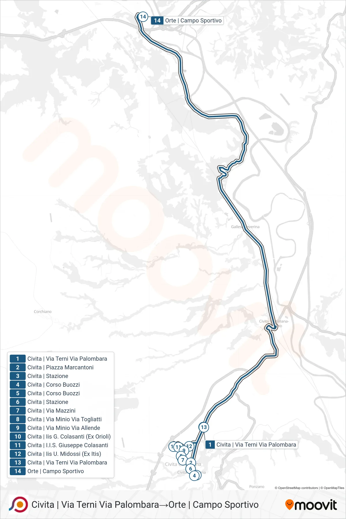 Linea COTRAL bus (Civita | Via Terni Via Palombara→Orte | Campo Sportivo) - Percorsi e fermate sulla mappa