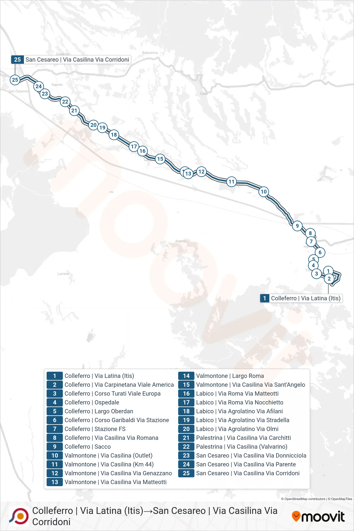 Linea COTRAL  bus (Colleferro | Via Latina (Itis)‎→San Cesareo | Via Casilina Via Corridoni) - Percorsi e fermate sulla mappa