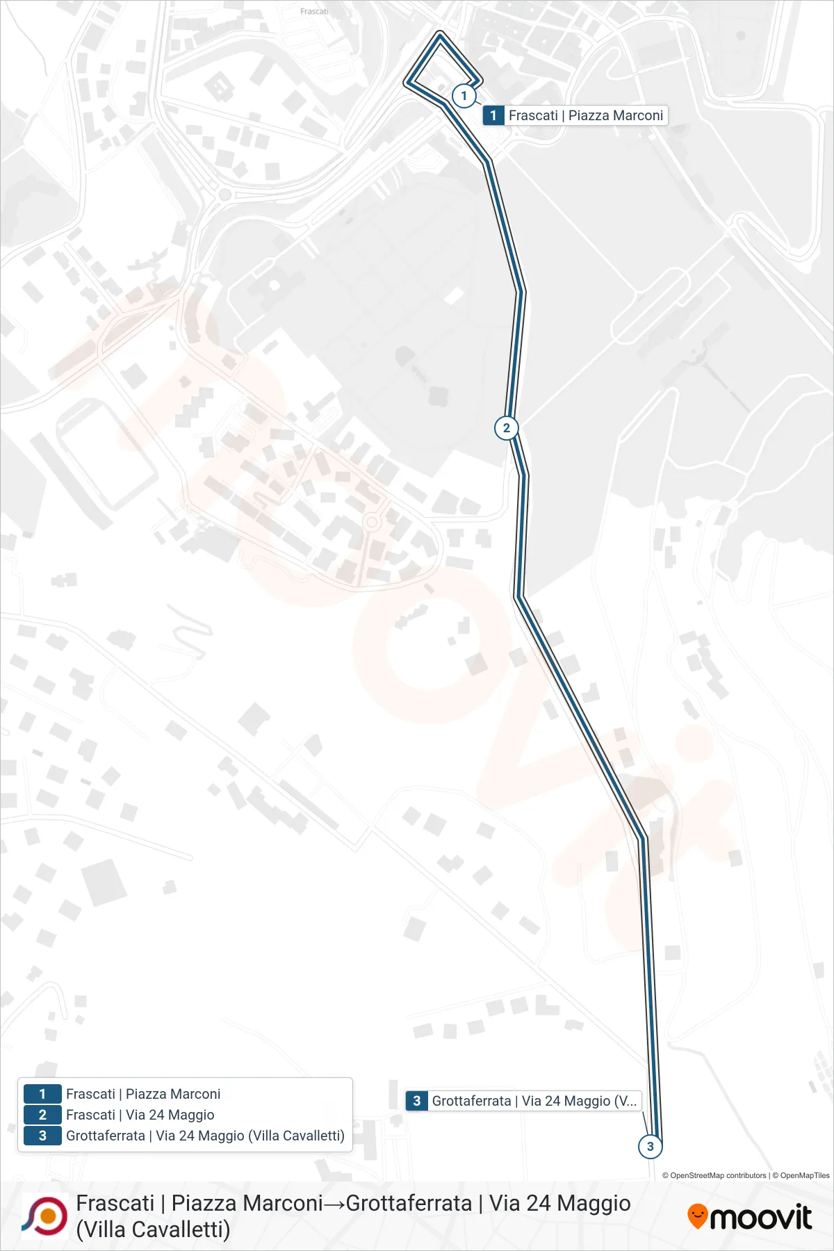 Linea COTRAL  bus (Frascati | Piazza Marconi‎→Grottaferrata | Via 24 Maggio (Villa Cavalletti)) - Percorsi e fermate sulla mappa