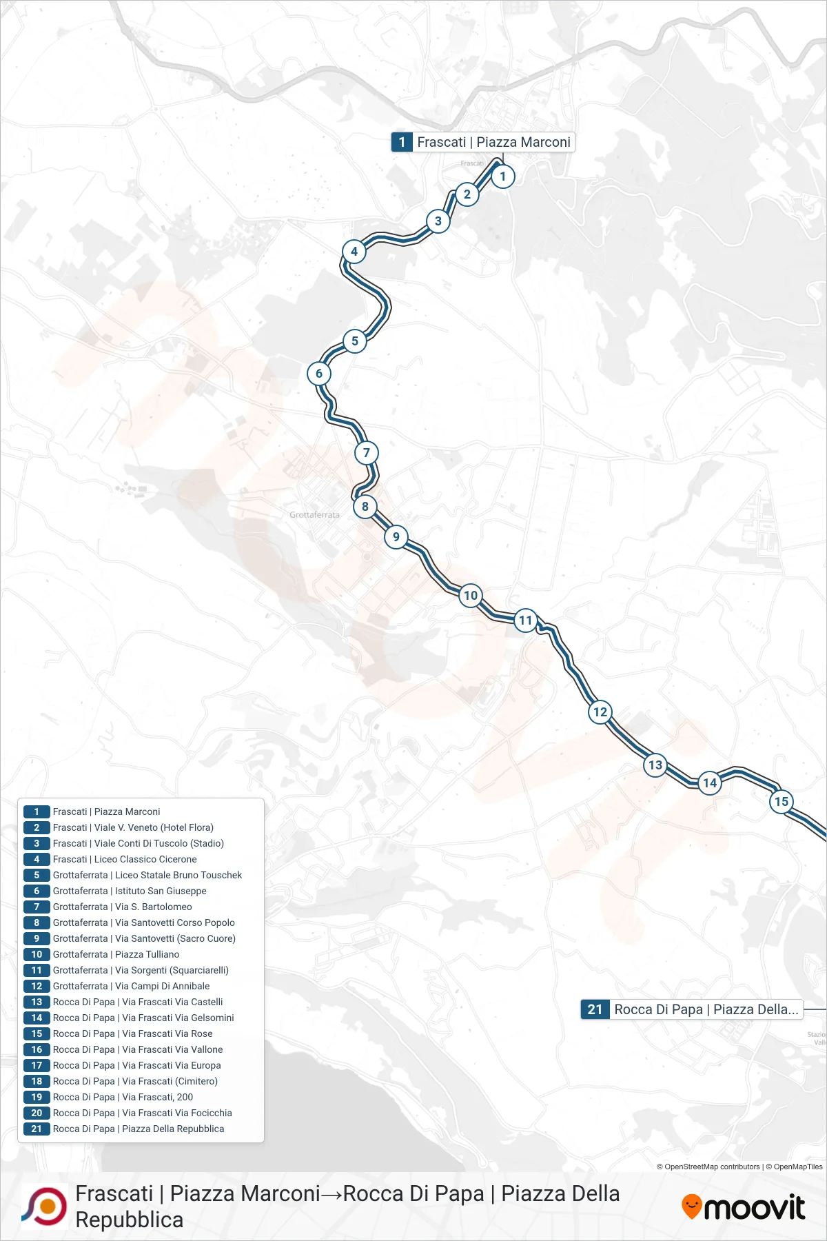 Linea COTRAL bus (Frascati | Piazza Marconi→Rocca Di Papa | Piazza Della Repubblica) - Percorsi e fermate sulla mappa