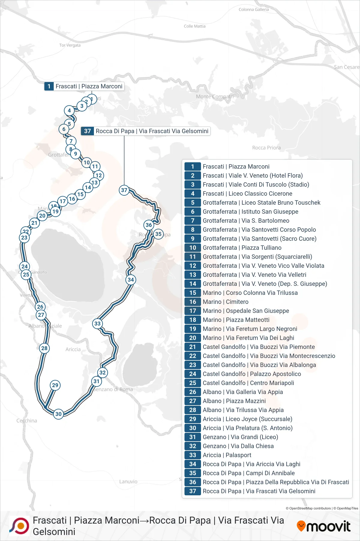 Linea COTRAL bus (Frascati | Piazza Marconi→Rocca Di Papa | Via Frascati Via Gelsomini) - Percorsi e fermate sulla mappa