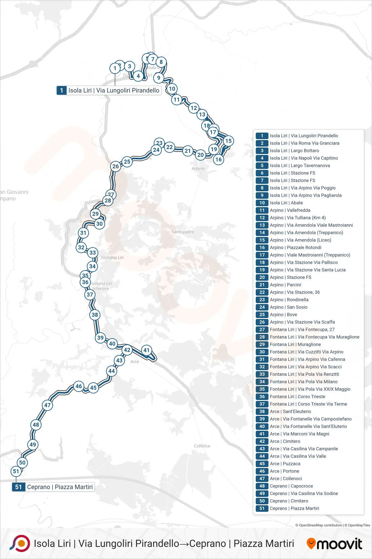 Linea COTRAL bus (Isola Liri | Via Lungoliri Pirandello→Ceprano | Piazza Martiri) - Percorsi e fermate sulla mappa