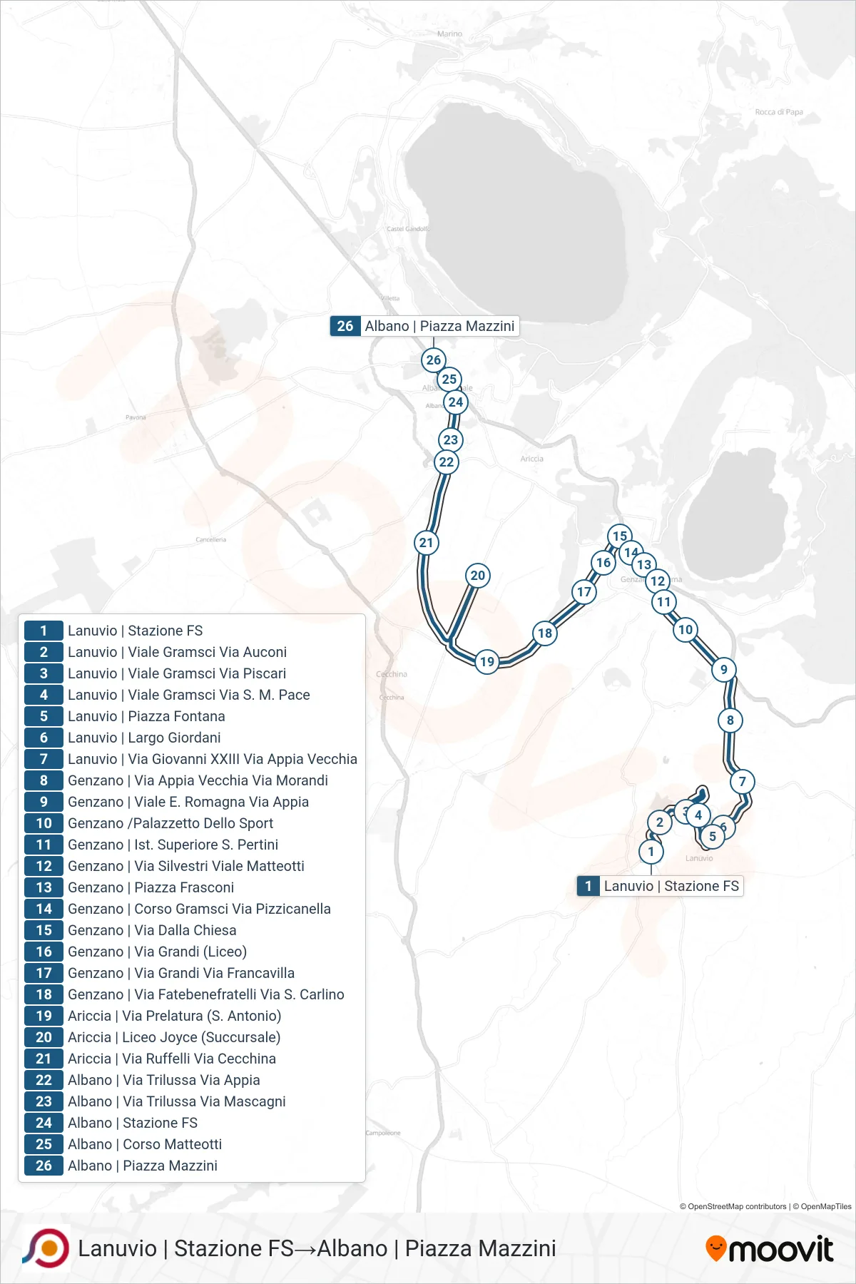 Linea COTRAL bus (Lanuvio | Stazione FS→Albano | Piazza Mazzini) - Percorsi e fermate sulla mappa