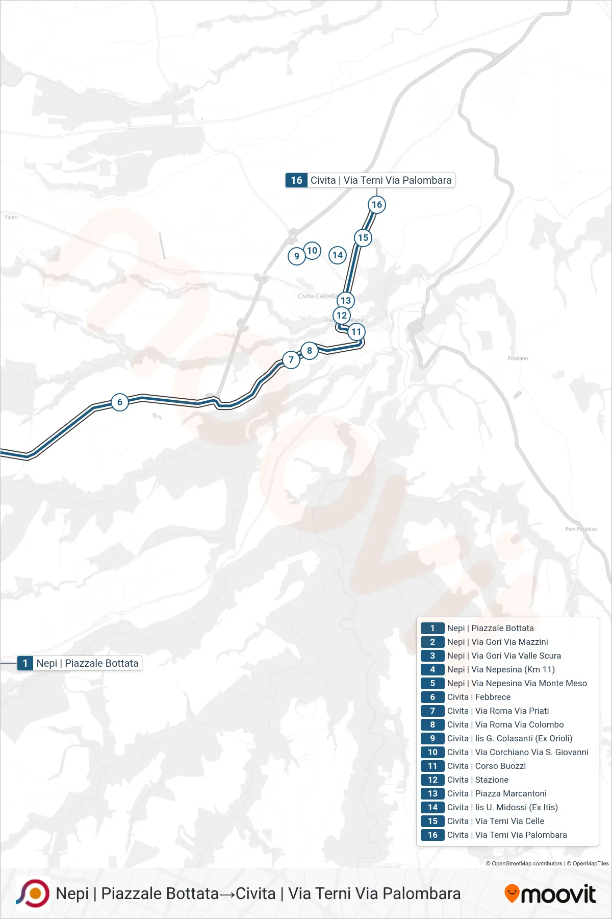Linea COTRAL bus (Nepi | Piazzale Bottata→Civita | Via Terni Via Palombara) - Percorsi e fermate sulla mappa