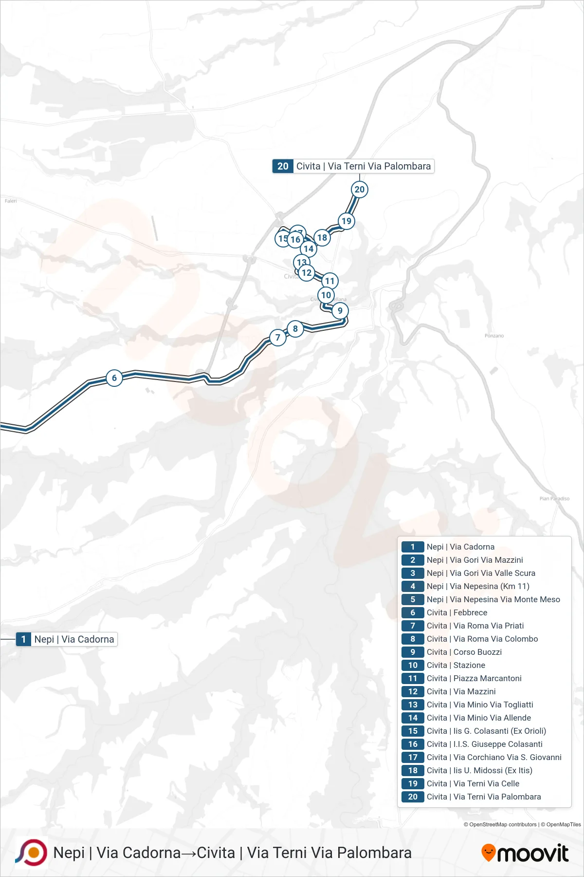 COTRAL bus Line (Nepi via Cadorna→Civita via Terni via Palombara) route and stops on a map