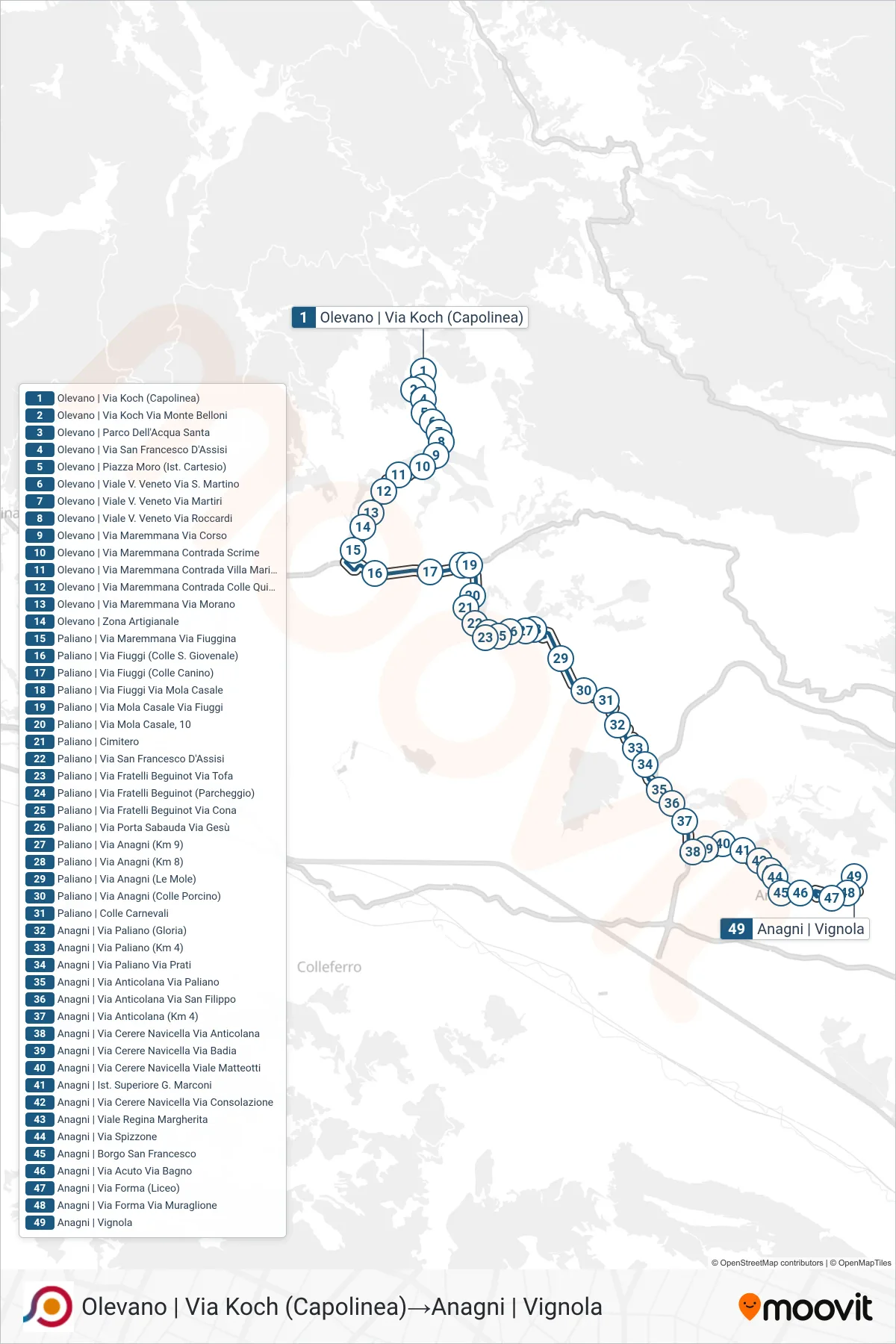 Linea COTRAL  bus (Olevano | Via Koch (Capolinea)‎→Anagni | Vignola) - Percorsi e fermate sulla mappa