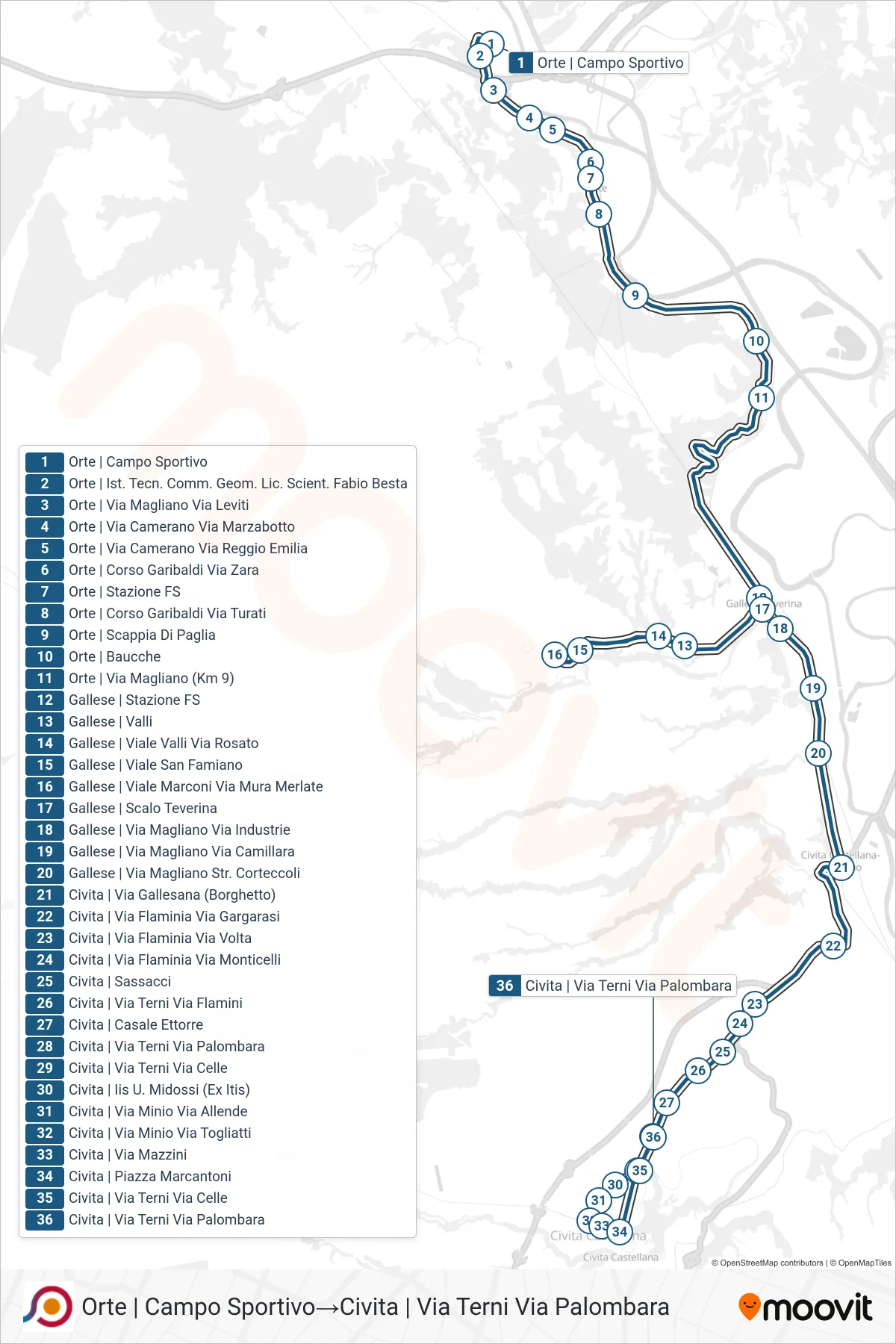 Linea COTRAL bus (Orte | Campo Sportivo→Civita | Via Terni Via Palombara) - Percorsi e fermate sulla mappa